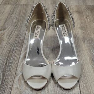 Badgley Mischka Celest Bridal White Satin Pee-Toe with Embellished Heels